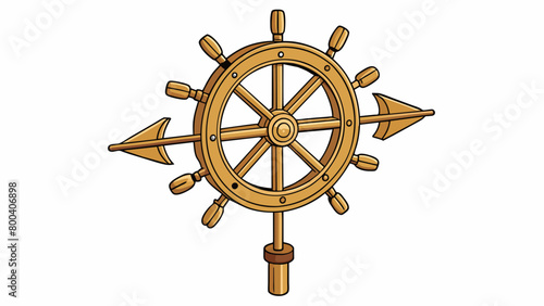A wooden weather vane shaped like a ships wheel with each spoke pointing in a different direction depending on the wind. The wood is intricately. Cartoon Vector.