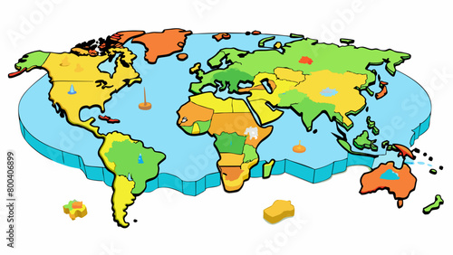A world map with the continents and oceans clearly outlined and labeled. Different countries and their borders are shown with different colors and. Cartoon Vector.