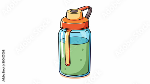 An ecofriendly water bottle made from recycled glass featuring a colorful silicone sleeve for extra grip and protection. It has a wide mouth for. Cartoon Vector.