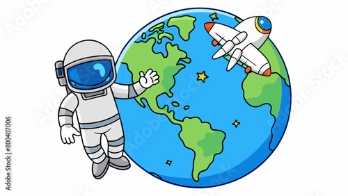 An astronaut drifts weightlessly alongside a space shuttle arms outstretched as they admire the Earth below. The deep blue oceans and swirling white. Cartoon Vector.