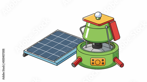 An ecofriendly camping stove that uses renewable energy to operate. It has a solar panel on top and a small battery that stores excess energy for. Cartoon Vector.