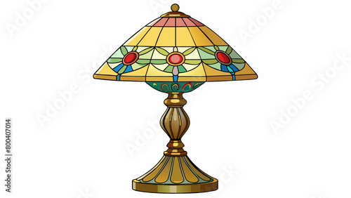 An antique brass lamp with intricate detailing and a Tiffanystyle stained glass shade. The base features a fluted design and the shade is adorned with. Cartoon Vector.