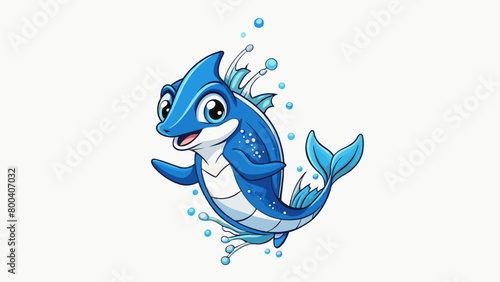 An elegant aquatic being with a pointed rostrum and shimmering dark blue and white patterned body jumping out of the water and leaving a trail of. Cartoon Vector. photo