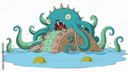 An enormous tentacled beast slumbers on the ocean floor its massive body covered in ancient runes and symbols. Its eyes the size of small islands. Cartoon Vector.
