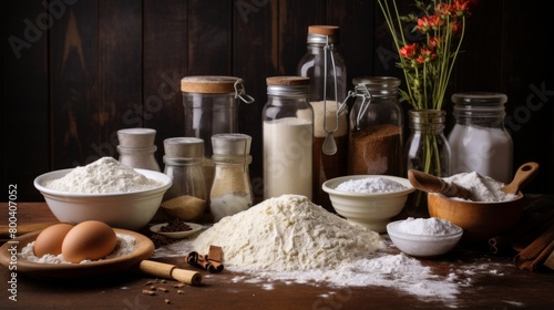 An array of baking ingredients such as flour, milk, and eggs artistically arranged on a wooden tabletop, exuding a homely baking vibe