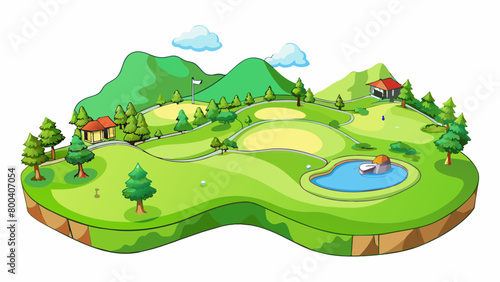 An expansive golf course with meticulously manicured greens surrounded by rolling hills and breathtaking views of the surrounding landscape.  on. Cartoon Vector.
