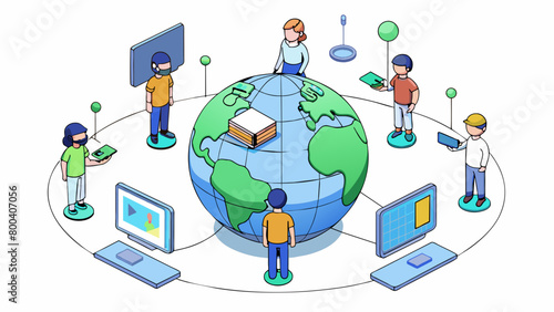 An intangible realm where users can communicate and interact with each other through a series of networked devices.  on white background . Cartoon Vector.