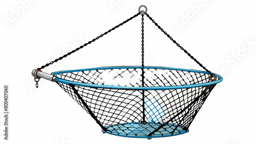 An industrialsized trawl net made of heavyduty nylon and attached to a large steel frame. The opening of the net can be adjusted with ropes attached. Cartoon Vector.