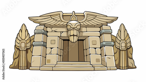 An imposing stone structure loomed before us towering above the desert landscape. Its body was carved from solid rock with intricate details etched. Cartoon Vector.