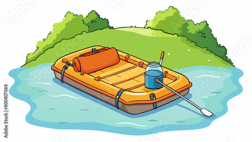 An inflatable raft lazily bobbing on a serene lake its bright orange material contrasting against the calm greenery surrounding it. The oars are. Cartoon Vector.