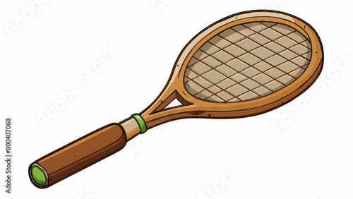 An old and worn wooden tennis racket with a stained handle showcasing years of use and love for the sport. Its flexible frame allows for controlled. Cartoon Vector.