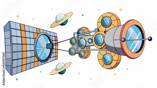 An intricate system of mirrors and lenses attached to a large satellite floating in space. This advanced telescope is capable of capturing images and. Cartoon Vector.