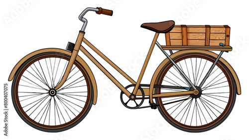 An old classic bicycle with a wooden frame and cartstyle wheels. The seat is made of a soft brown leather and the handlebars have intricate engravings. Cartoon Vector.