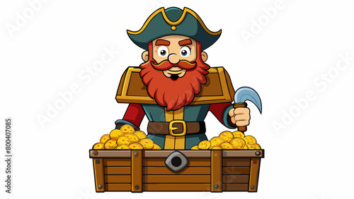 An intimidating Pirate captain with a long red beard and a hook for a hand stands atop a chest overflowing with glittering gold doubloons.  on. Cartoon Vector.