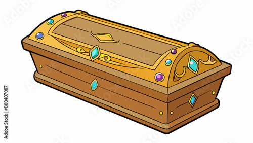 An old wooden sarcophagus decorated with intricate etchings and adorned with jewels. The lid is sealed shut but the faint sound of muffled moaning can. Cartoon Vector.