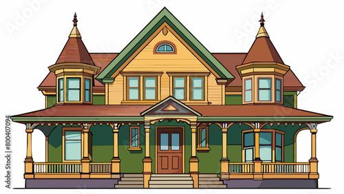 An old Victorianstyle house with a wraparound porch and intricate woodwork details along the roof and windows. The front door is grand made of solid. Cartoon Vector. photo