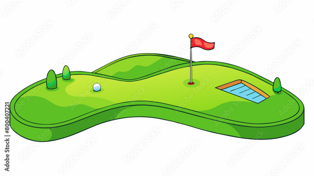 Obraz premium As you approach the third hole you are greeted by a picturesque view of rolling hills covered in lush green grass. The fairway is wide and open but. Cartoon Vector.