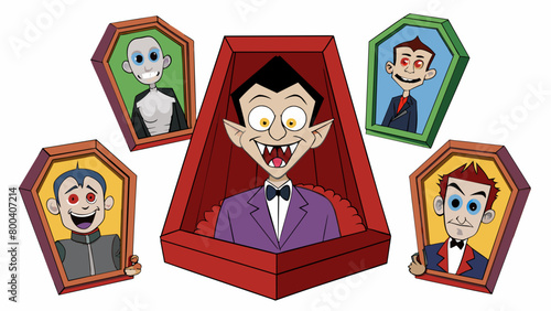 As the sun set the vampire retreated to his underground lair where he slept in a plush velvetlined coffin. The walls were adorned with portraits of. Cartoon Vector.
