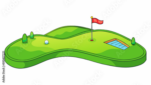 As you approach the third hole you are greeted by a picturesque view of rolling hills covered in lush green grass. The fairway is wide and open but. Cartoon Vector.