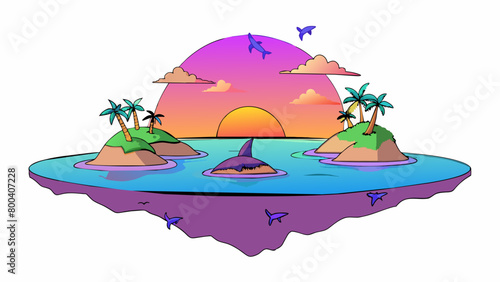 As the sun sets on the island the sky is painted with shades of pink purple and gold. The water becomes still and reflective mirroring the vibrant. Cartoon Vector.
