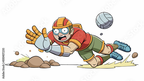 As the game intensifies a player dives to the ground arms outstretched to save the ball from hitting the ground. The players knees are protected with. Cartoon Vector.