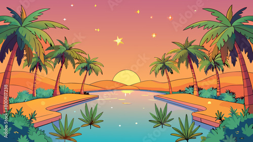 As the sun begins to set the oasis transforms into a magical place. The sky turns shades of pink and orange casting a warm glow over the reflections. Cartoon Vector.