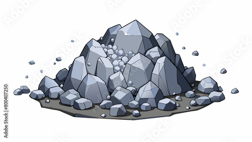At the base of the crag boulders of all sizes were strewn about some as big as cars. Their dark weathered surfaces were flecked with tiny white. Cartoon Vector.