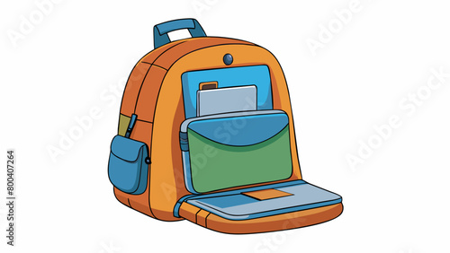 Backpack with builtin laptop sleeve This backpack is made of sy canvas material and has a padded laptop sleeve inside the main compartment. The sleeve. Cartoon Vector.