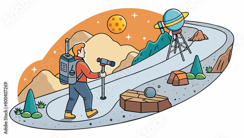 As the sun sets an Astronomer is seen making their way up a winding mountain path carrying a large backpack filled with various instruments and tools.. Cartoon Vector.