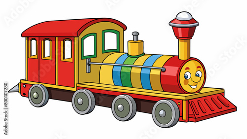 Complete with sound and light effects the toy train had a realistic whistle that blew as it chugged along the tracks. The engines headlights lit up. Cartoon Vector. photo