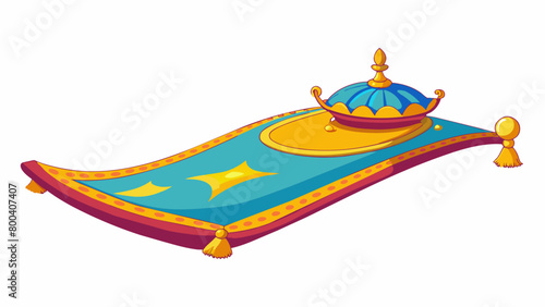 Genie is a majestic flying carpet with vibrant colors and tassels able to carry a person on magical adventures.  on white background . Cartoon Vector.