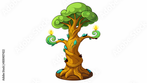 Genie is a towering ancient tree with glowing leaves and branches that twist and turn with every granted wish.  on white background . Cartoon Vector.