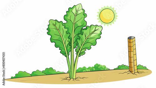 Growing in a backyard garden a tall stalk of kale stands proud its broad sy leaves reaching towards the sun. The deep green color of the leaves. Cartoon Vector.