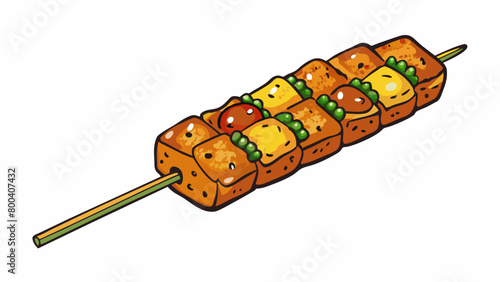 Grilled tempeh skewers marinated in a tangy BBQ sauce and threaded with colorful vegetables have a slightly charred exterior and a juicy meaty. Cartoon Vector.