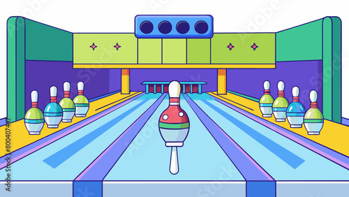 Hanging from the ceiling are bright multicolored lights that illuminate the lanes. Each lane has a set of ten white plastic pins standing at the end. Cartoon Vector.