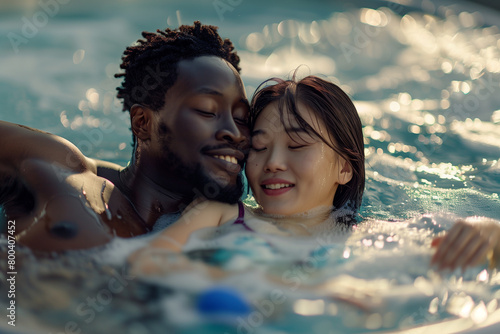 Tranquil Embrace: A Couple's Quiet Moment in Shimmering Pool Waters