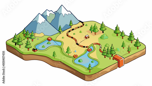 Hiking Trail Map A topographic map that displays the various trails and terrain within a national park or hiking area. The map includes symbols for. Cartoon Vector.