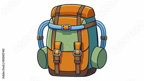 Hiking backpack with hip belt and chest s This backpack is designed for hiking and has a thick hip belt and chest s to help distribute the weight. Cartoon Vector.