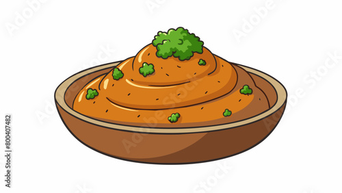 Imagine a thick grainy dip with a rich caramel hue and a fragrant aroma of cumin. It is garnished with bright green swirls of freshly chopped parsley. Cartoon Vector.