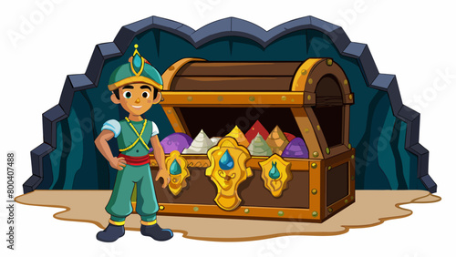 Hidden within a dark cave Aladdin stands in front of an enormous treasure chest. Its lid is adorned with intricate carvings of dragons and gems and. Cartoon Vector.