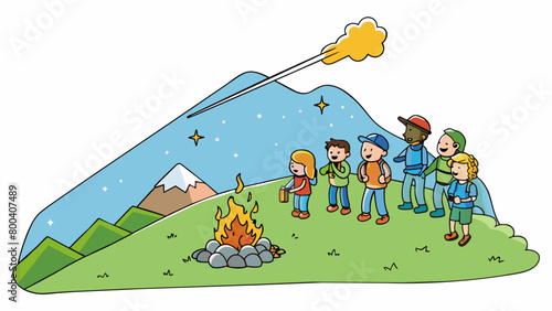 High up on a mountain top a group of hikers gather around a campfire admiring a shooting star streaking across the sky before disappearing into the. Cartoon Vector.