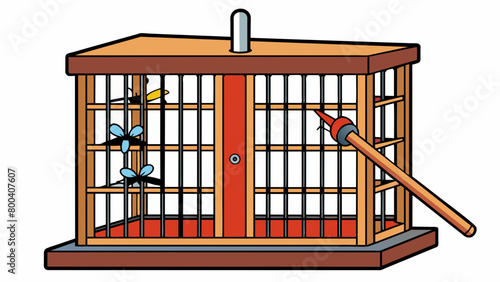 In the second illustration there is a metal cage with a sliding door on top. The cage is attached to a long wooden stick with a rope for easy. Cartoon Vector.