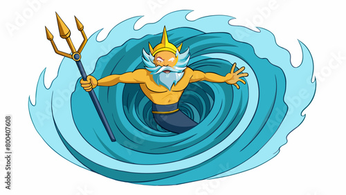 In the depths of the ocean an immense whirlpool swirls controlled by the hand of Poseidon. His trident forged from sunlight and ocean currents. Cartoon Vector.