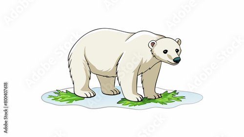 In this fourth illustration a polar bear is standing tall on its hind legs reaching up towards a patch of green seaweed that has washed up on the. Cartoon Vector.