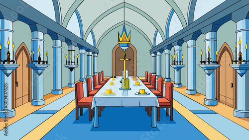 Inside the castle the Great Hall was a sight to behold. High ceilings were supported by majestic stone columns and elaborate tapestries hung from the. Cartoon Vector.