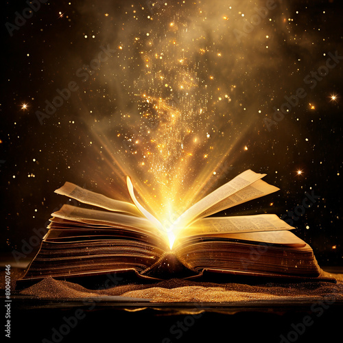 Open book with magic light beam coming out from pages on dark background