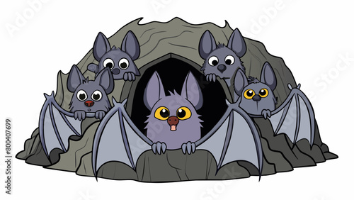 Nestled inside a dark damp cave was a colony of bats hanging peacefully from the ceiling. Their faces were obscured by their folded wings but their. Cartoon Vector.