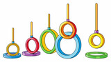 Rows of brightly colored rings line a wall each one hanging at a different height to accommodate all levels of gymnasts. Thin and lightweight these. Cartoon Vector.