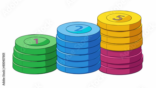Plastic Token Chips A stack of round plastic chips in different colors. Each chip has a number printed on it and can be used as a substitute for coins. Cartoon Vector.