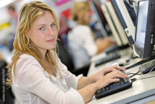 A woman sitting at a desk, focused on a computer screen while typing and working